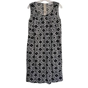 INTREND Sz 8 Tank Dress Linen Blend Batik Black Cream European‎ Midi Shift Boho